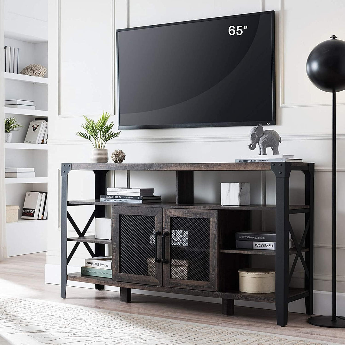 Large Brown Wood TV Stand with Metal Side X-Frame J34504