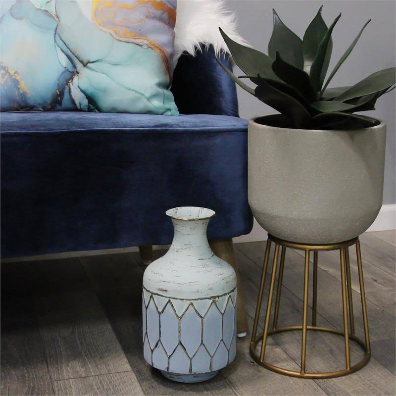 6.69x22 Metal Coastal Table Vase in Distressed Blue/Gold R7669