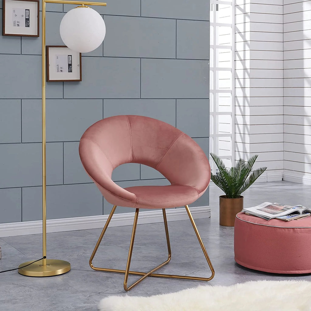 Pink Velvet Upholstered Arm Chair with Golden Metal Frame Legs J8913