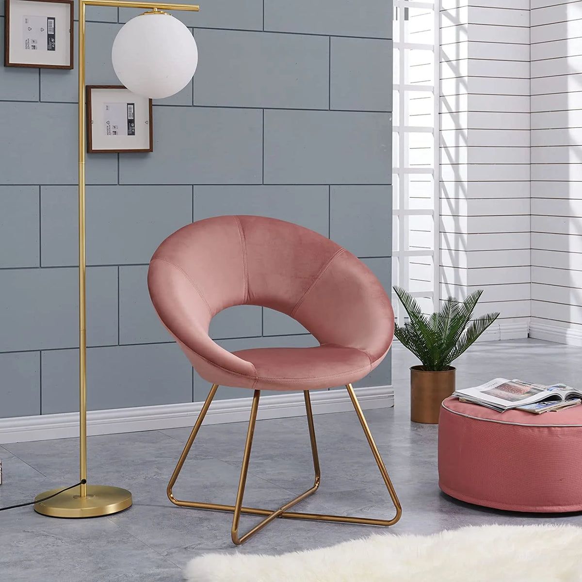 Pink Velvet Upholstered Arm Chair with Golden Metal Frame Legs J8913