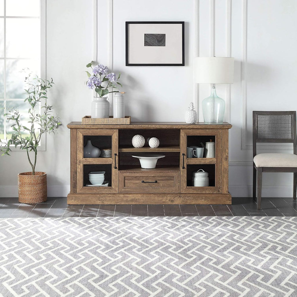 Rustic Modern TV Stand for TVs Up to 70 Inch, Storage Entertainment Center Console with Window Pane Glass Cabinet Doors and Adjustable Shelves O769