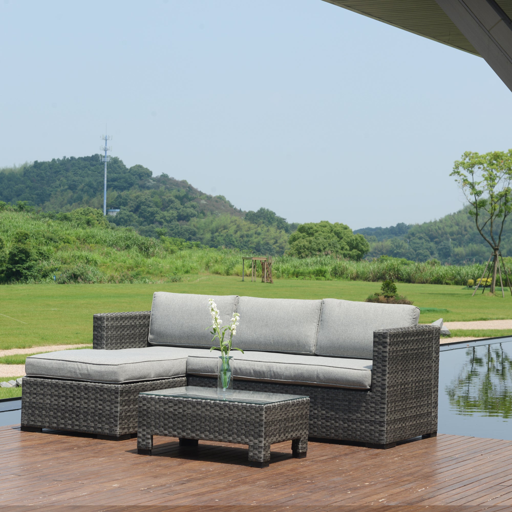 3 Pcs L-Shaped Outdoor Wicker Convertible Sectional Set with Tea Table Z25682