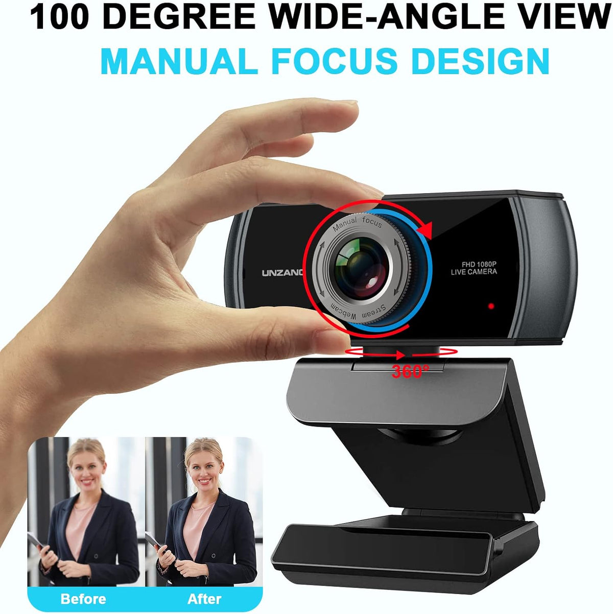 1080P Webcam with Microphone, USB Camera, Manual Focus, 100-degree FOV, Pack of 2 I623762