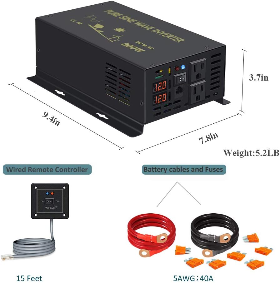 800Watt 12V DC to 110V 120V Power Inverter with Remote Control Dual AC Outlets O59922