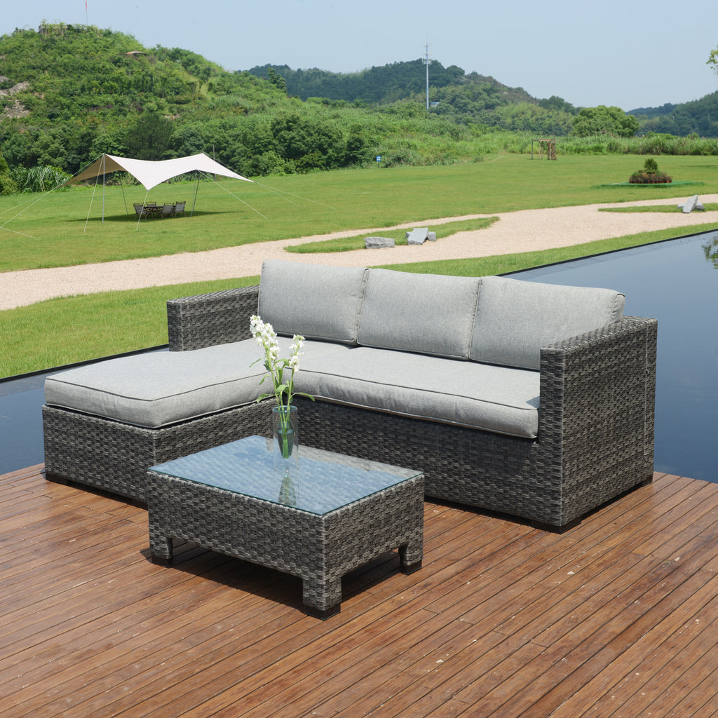 3 Pcs L-Shaped Outdoor Wicker Convertible Sectional Set with Tea Table Z25682