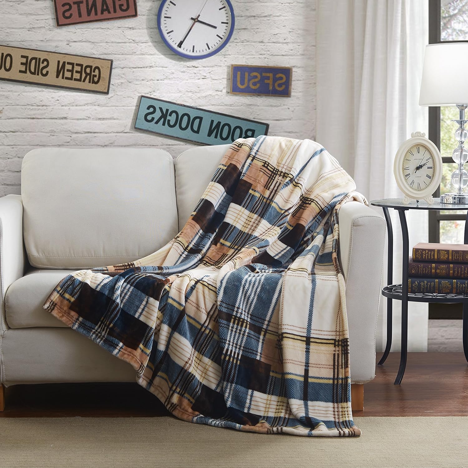 Blue Tan Plaid Plush Throw Blanket, Full/Queen Size R176406