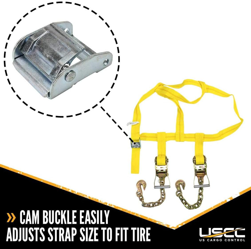 Side Mount Wheel Net with Cam Buckle, Two Ratchets and Chain Extensions, Polyester Webbing I2010