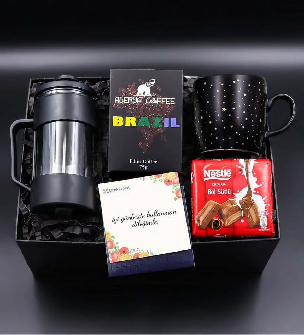 Black French Press & Black Star Cup & Brazil Filter Coffee & Milk Chocolate Gift Set G736