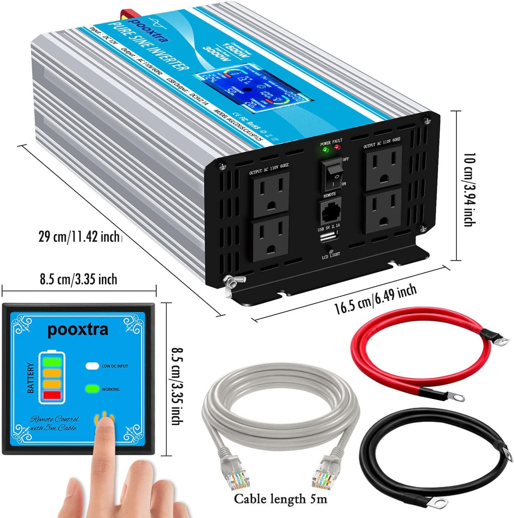 1500 Watt Pure Sine Wave Power Inverter 12V DC to 110V/120V AC with LCD Display USB Port 4AC Outlets I803