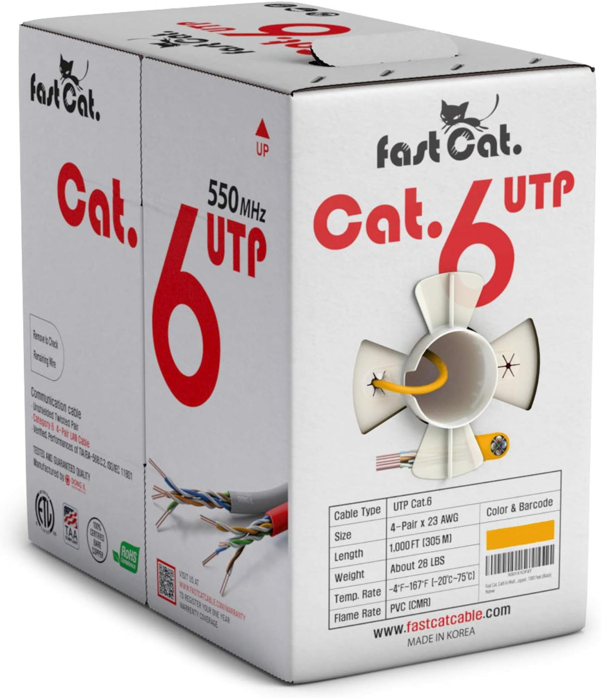 Cat6 Ethernet Cable 1000ft 23 AWG CMR Solid Bare Copper UTP LAN Cable Gray A50173