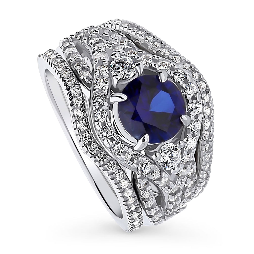 Sterling Silver Simulated Blue Sapphire CZ Halo Ring Set, Rhodium Plated Size 6 M84312