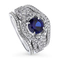Sterling Silver Simulated Blue Sapphire CZ Halo Ring Set, Rhodium Plated Size 6 M84312