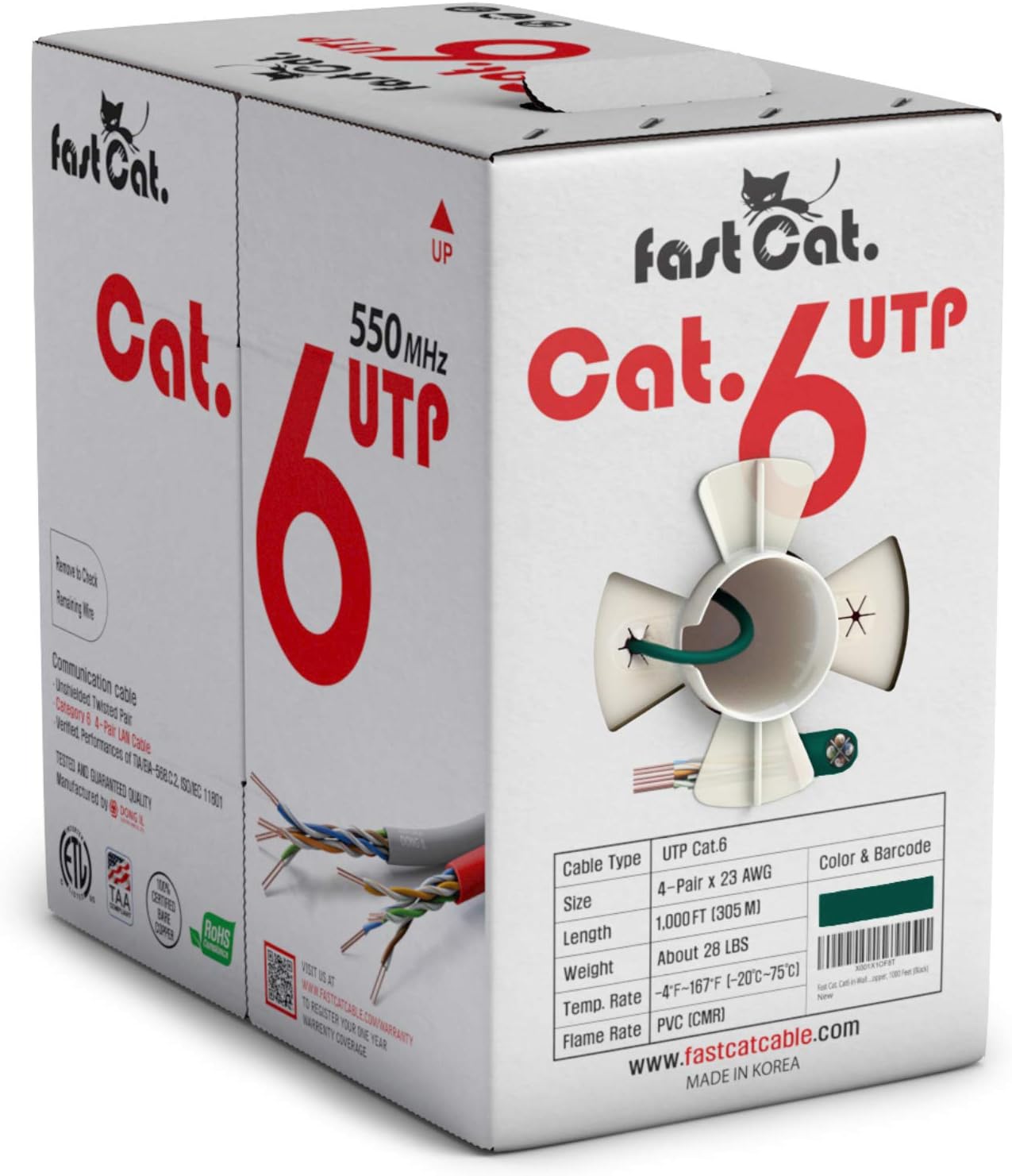 Cat6 Ethernet Cable 1000ft 23 AWG CMR Solid Bare Copper UTP LAN Cable Gray A50173