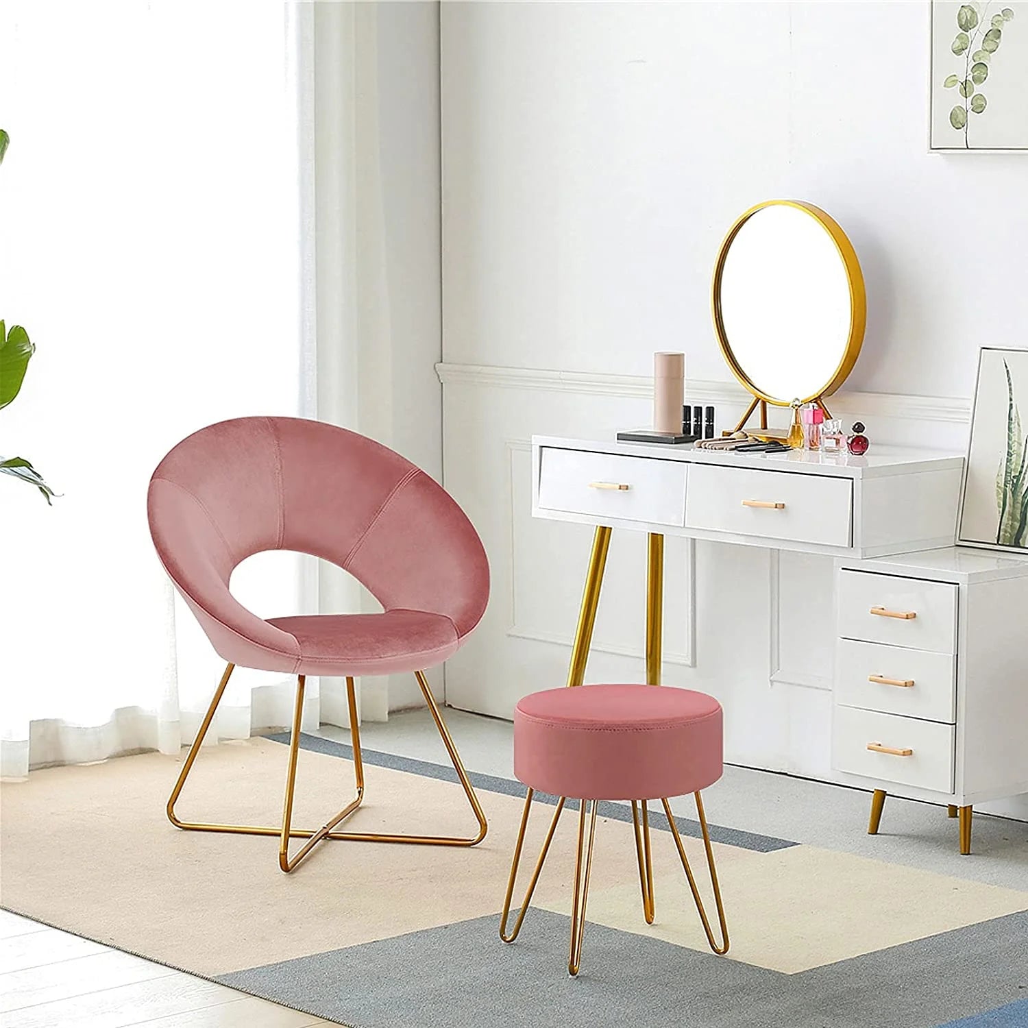 Pink Velvet Upholstered Arm Chair with Golden Metal Frame Legs J8913