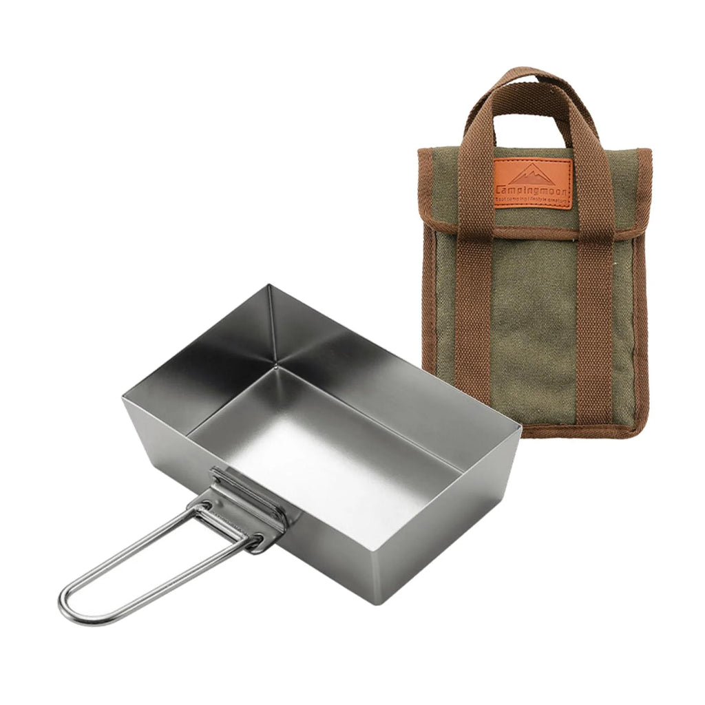 Stainless Steel Frying Pan Camping Pot with Lid Foldable Handle Cookware V8349