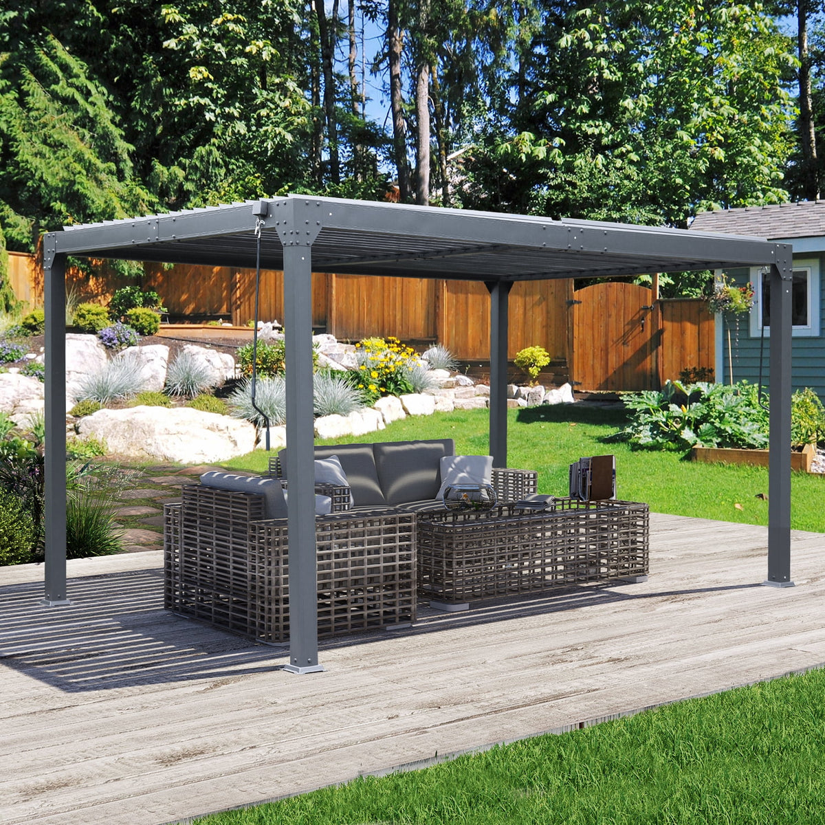 13 x 10 ft. Outdoor Aluminum Louvered Pergola Waterproof Gazebo with 2 Adjustable Rainproof Panels - Dark Gray I367