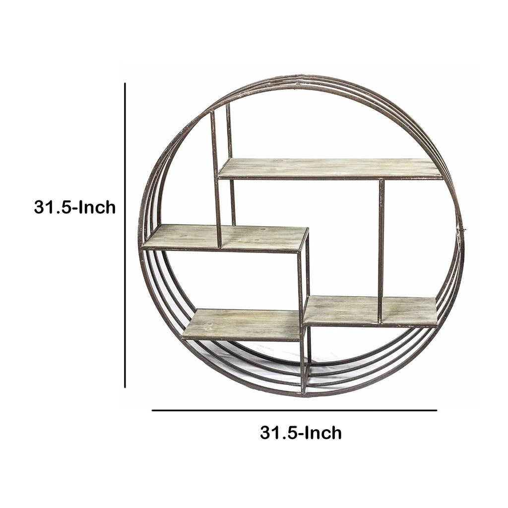 Brown Round Metal Wall Shelf with Wooden Shelves W46115