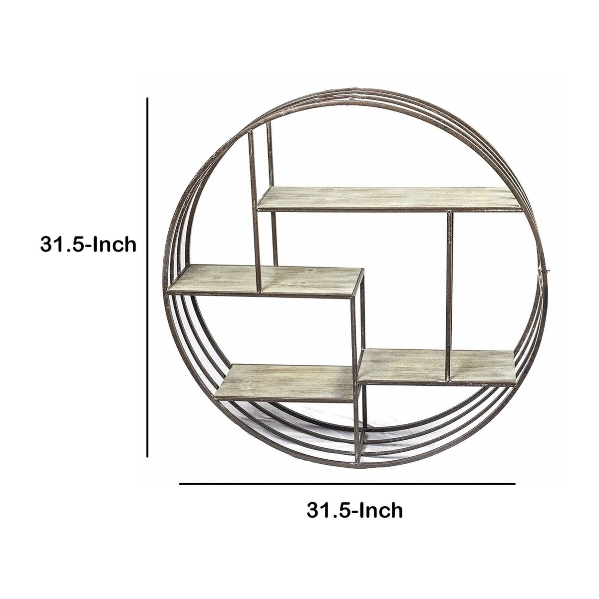 Brown Round Metal Wall Shelf with Wooden Shelves W46115