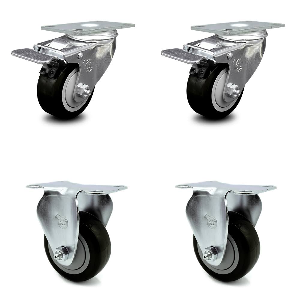 3.5 inch Black Polyurethane Swivel Top Plate Caster Set 2 Lock Brake 2 Rigid J645