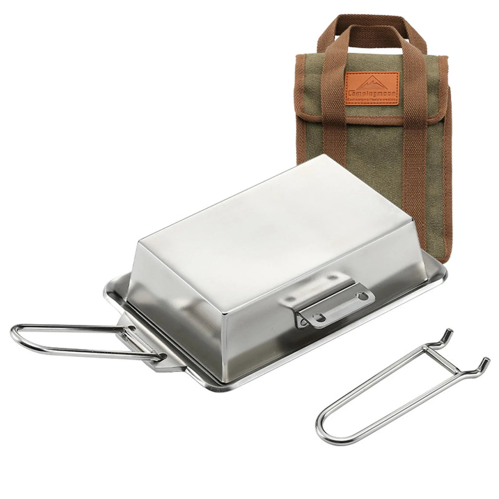 Stainless Steel Frying Pan Camping Pot with Lid Foldable Handle Cookware V8349