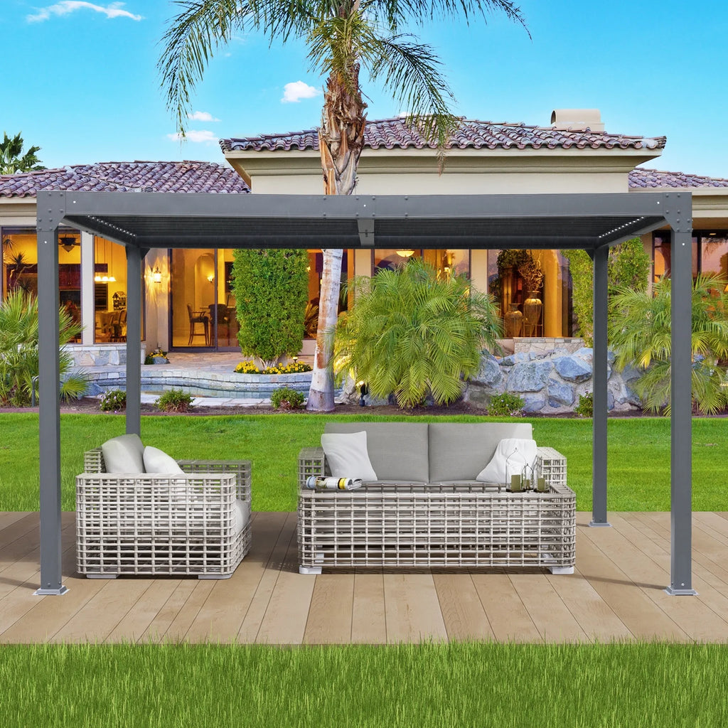 13 x 10 ft. Outdoor Aluminum Louvered Pergola Waterproof Gazebo with 2 Adjustable Rainproof Panels - Dark Gray I367