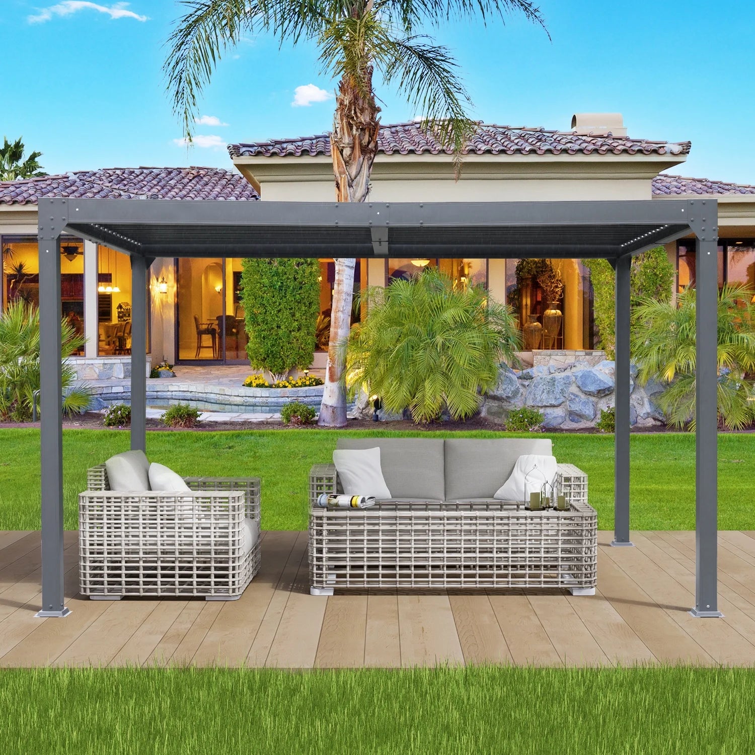 13 x 10 ft. Outdoor Aluminum Louvered Pergola Waterproof Gazebo with 2 Adjustable Rainproof Panels - Dark Gray I367