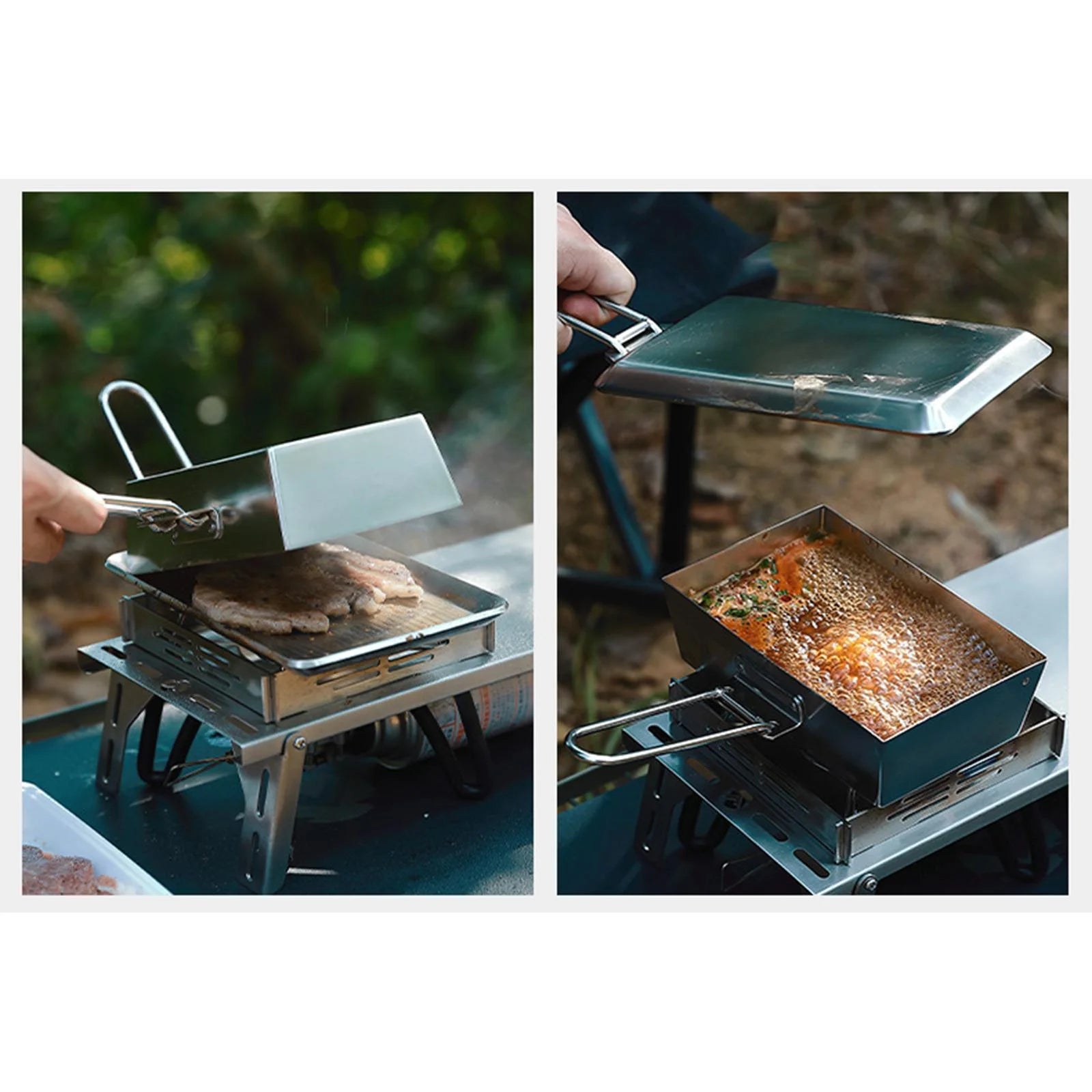 Stainless Steel Frying Pan Camping Pot with Lid Foldable Handle Cookware V8349