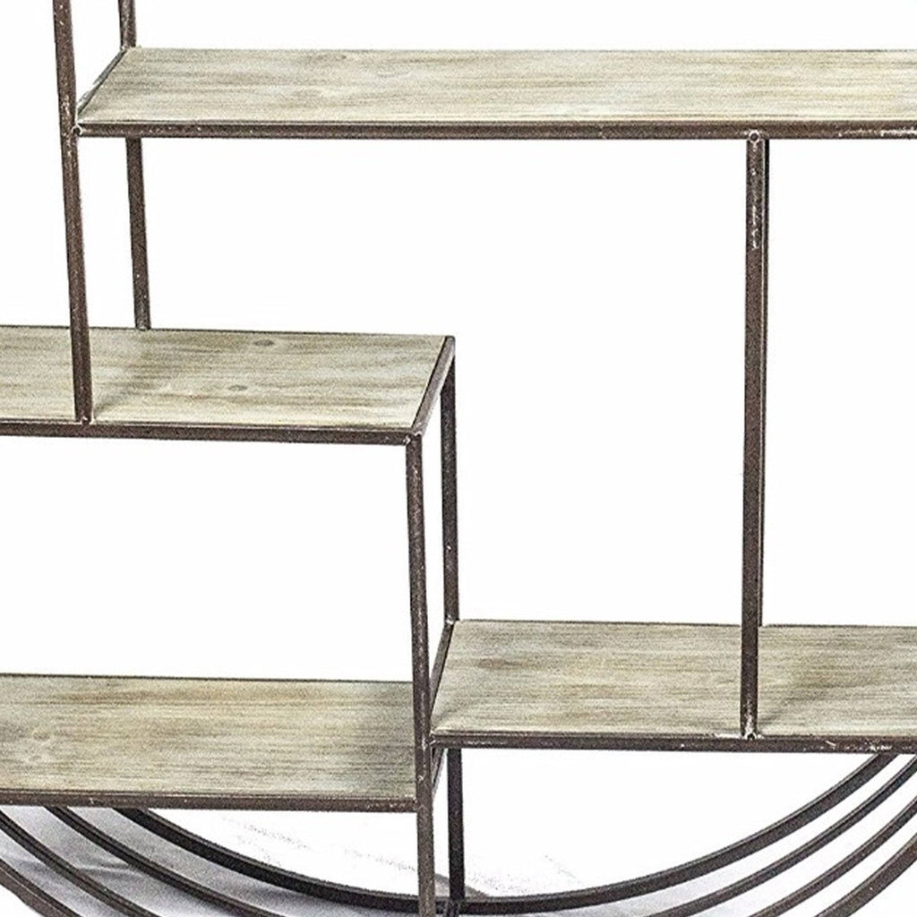 Brown Round Metal Wall Shelf with Wooden Shelves W46115