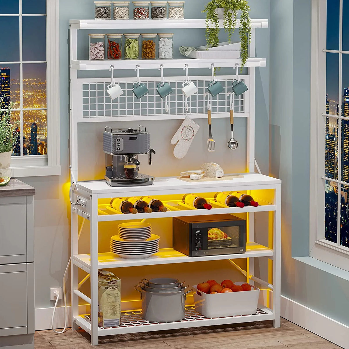 White 6-Tier Bakers Rack with Power Outlet and LED Lights I974