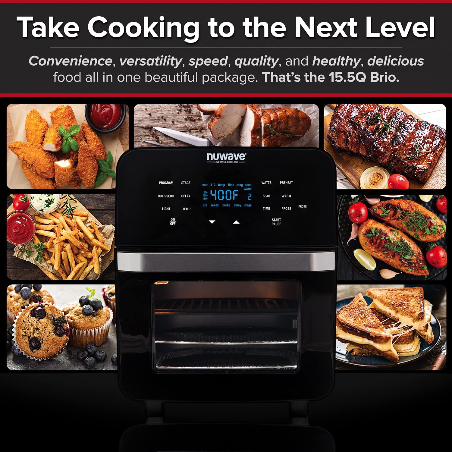 Brio Air Fryer Smart Oven, 15.5-Qt X-Large Family Size, Countertop Convection Rotisserie Grill Combo, 4 Rack Positions, 50°-425°F Temperature Controls in 5° Increments, Linear Thermal Technology and Integrated Temperature Probe Q990