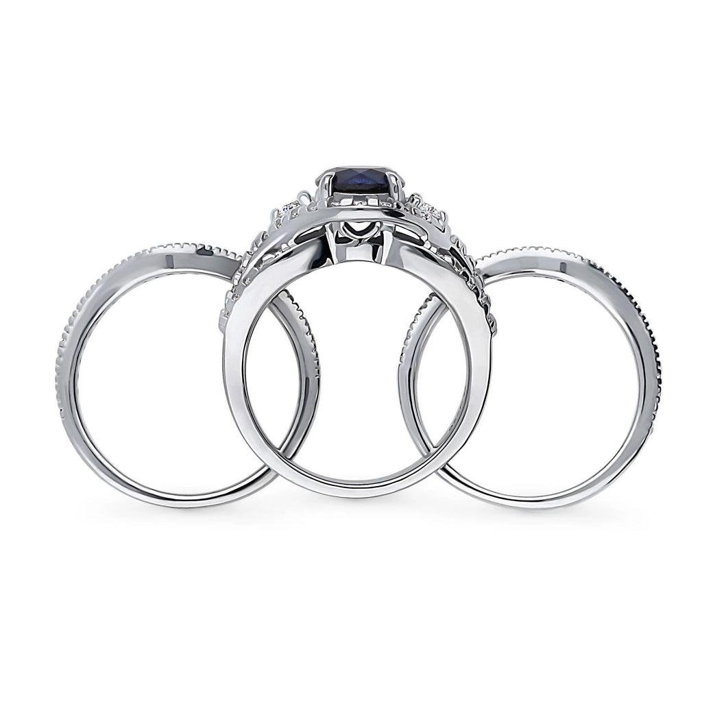 Sterling Silver Simulated Blue Sapphire CZ Halo Ring Set, Rhodium Plated Size 6 M84312