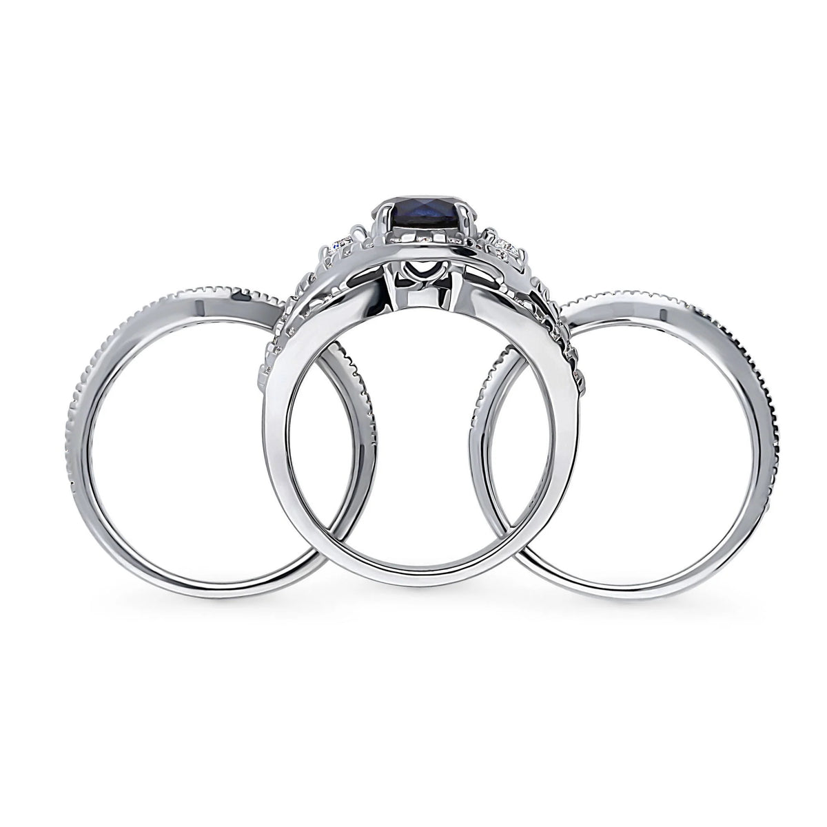 Sterling Silver Simulated Blue Sapphire CZ Halo Ring Set, Rhodium Plated Size 6 M84312