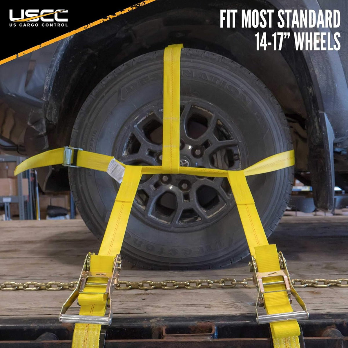 Side Mount Wheel Net with Cam Buckle, Two Ratchets and Chain Extensions, Polyester Webbing I2010