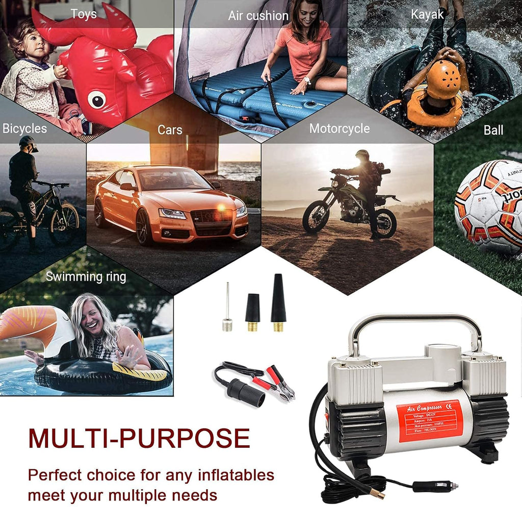 Portable Dual Cylinder 12V DC Air Compressor with 11.5ft Air Hose and Tire Repair Kit, Pack of 2 Q71722