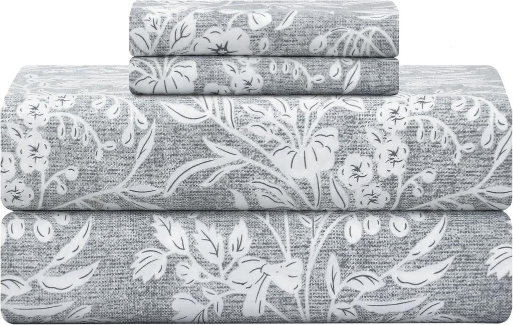 Cooling Queen Sheet Set 4-Piece 100% Cotton Sateen 300TC Grey Floral 16" Deep Pocket F77829