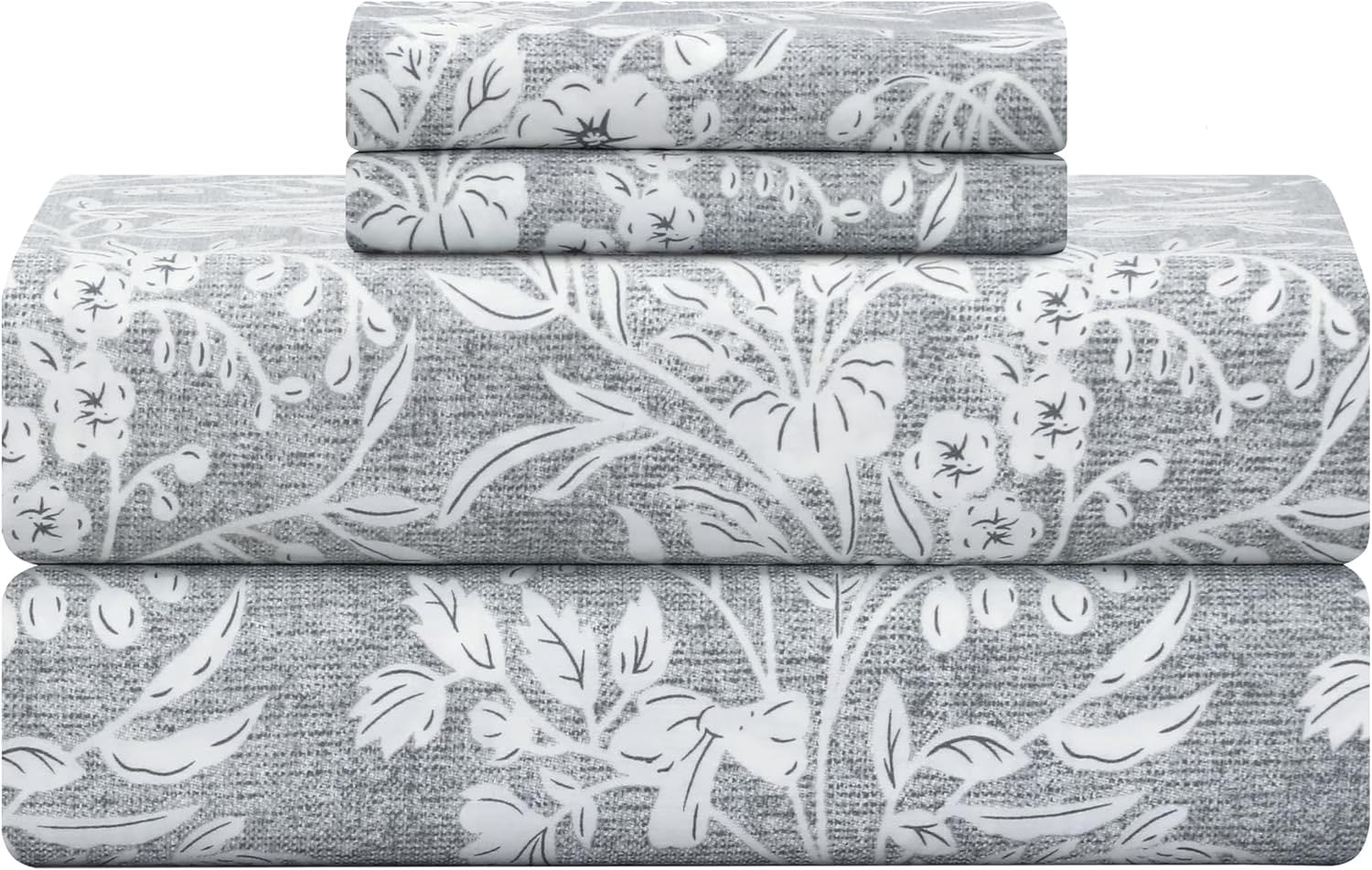 Cooling Queen Sheet Set 4-Piece 100% Cotton Sateen 300TC Grey Floral 16" Deep Pocket F77829