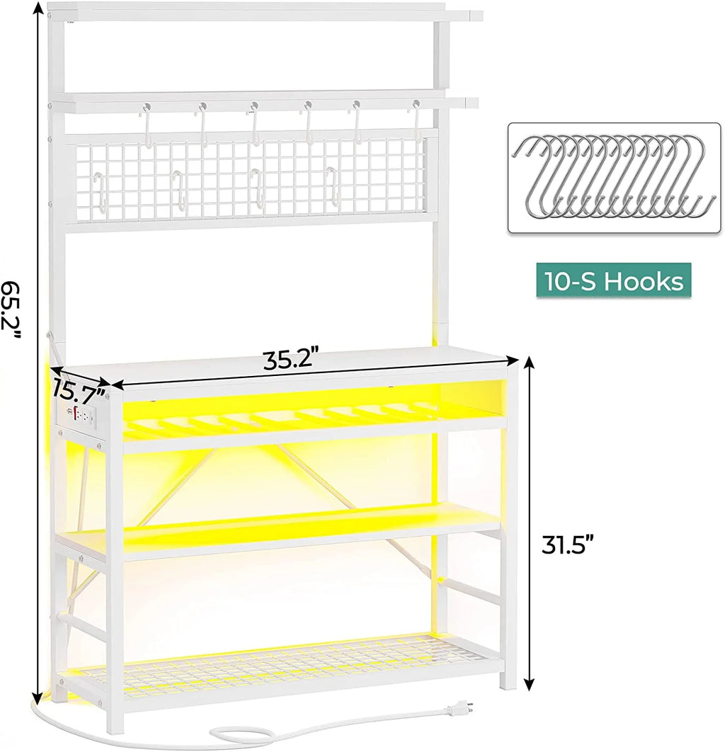 White 6-Tier Bakers Rack with Power Outlet and LED Lights I974