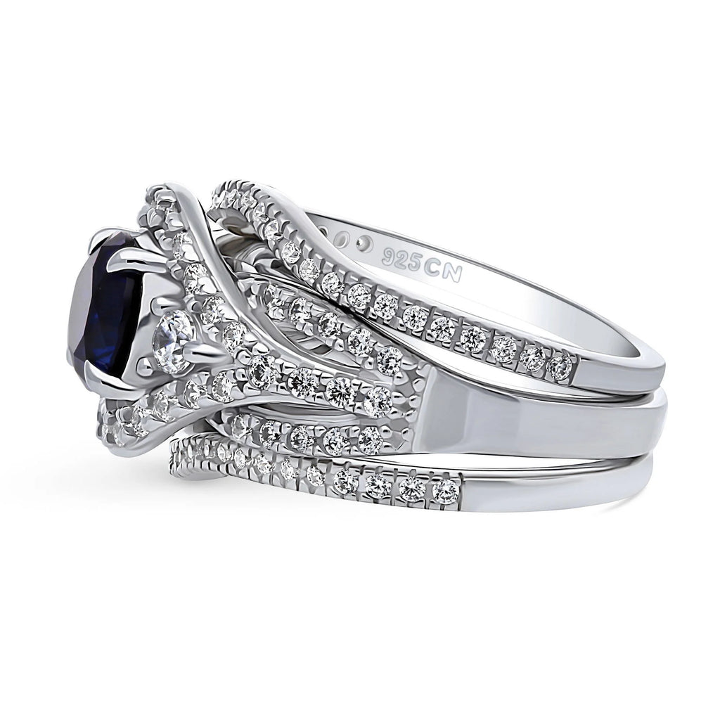 Sterling Silver Simulated Blue Sapphire CZ Halo Ring Set, Rhodium Plated Size 6 M84312