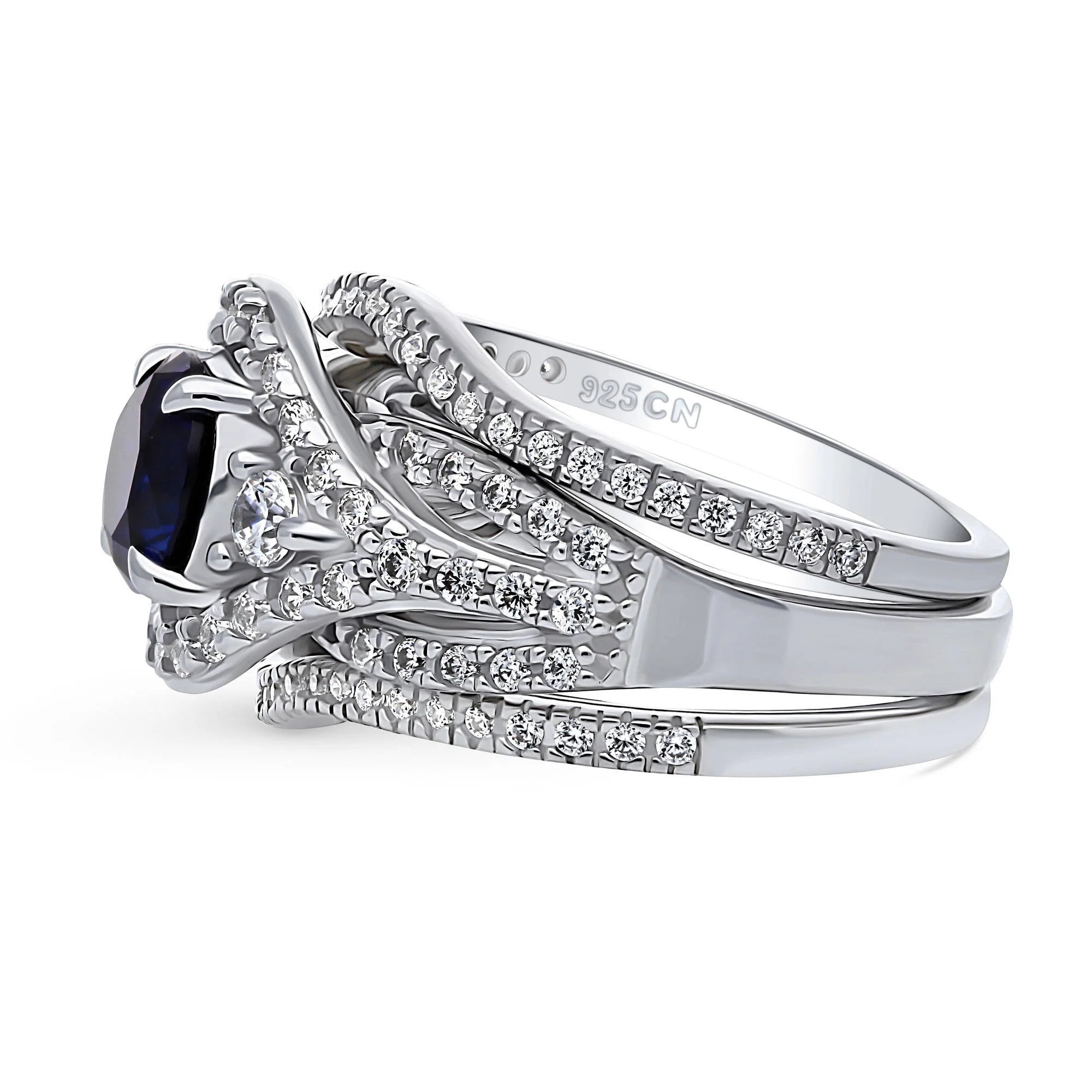 Sterling Silver Simulated Blue Sapphire CZ Halo Ring Set, Rhodium Plated Size 6 M84312