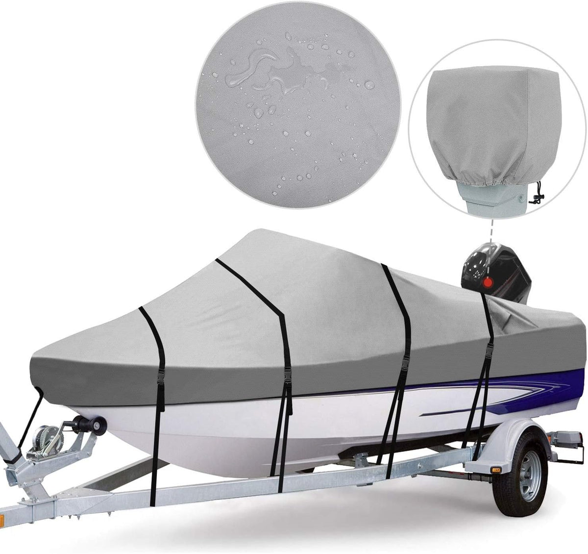 Gray Waterproof 800D Polyester Full Size Boat Cover with Motor Cover E379
