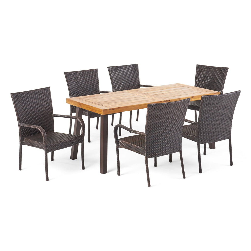 7 Piece Acacia Wood Wicker Dining Set I85563