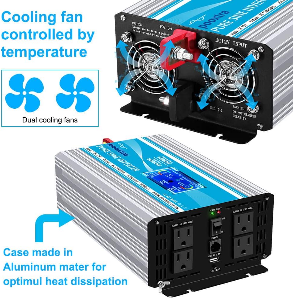 1500 Watt Pure Sine Wave Power Inverter 12V DC to 110V/120V AC with LCD Display USB Port 4AC Outlets I803