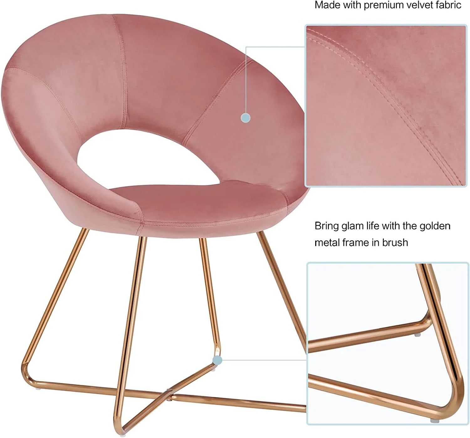 Pink Velvet Upholstered Arm Chair with Golden Metal Frame Legs J8913