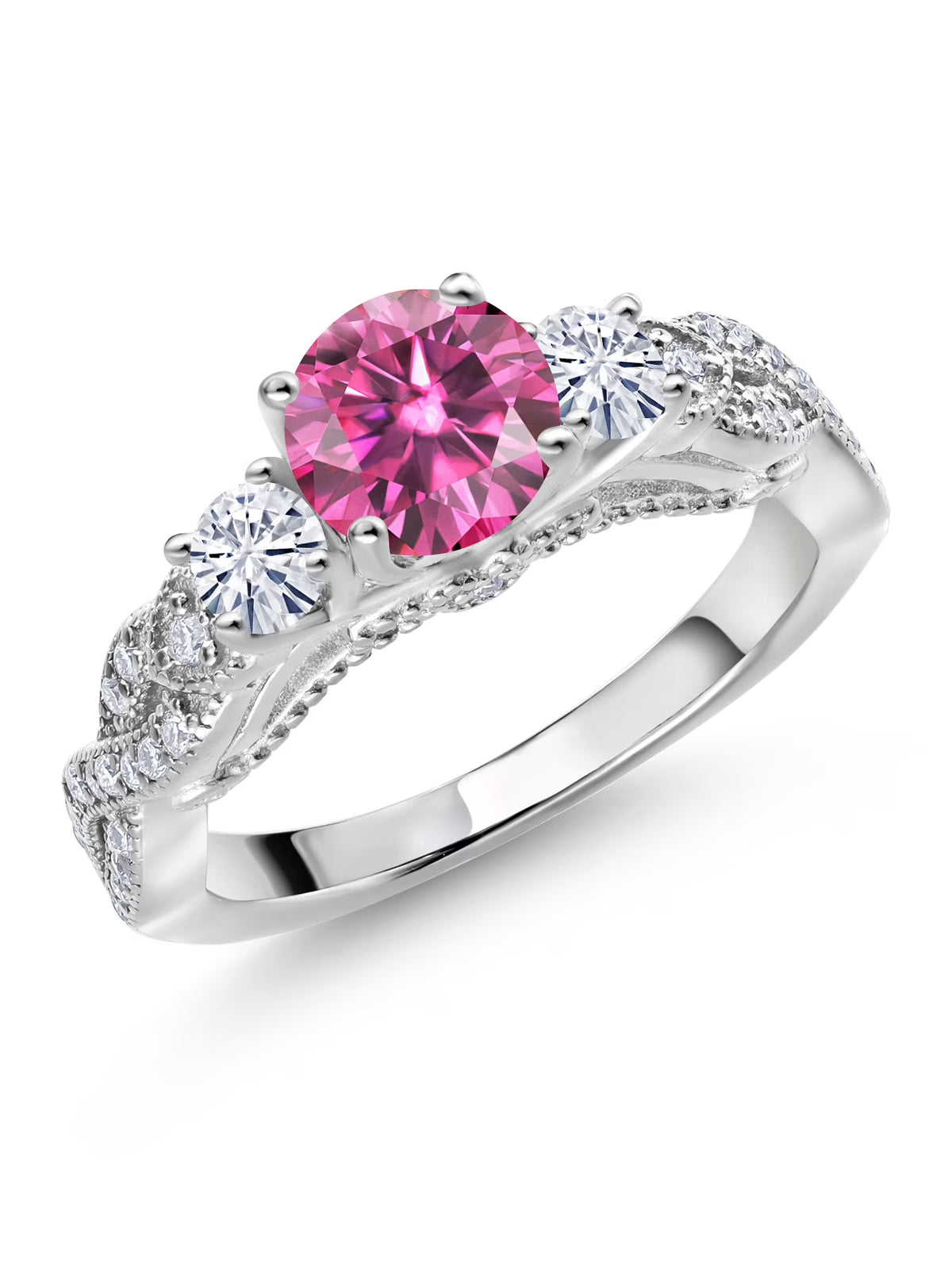 925 Sterling Silver Pink Moissanite and White Moissanite Engagement Ring R3087