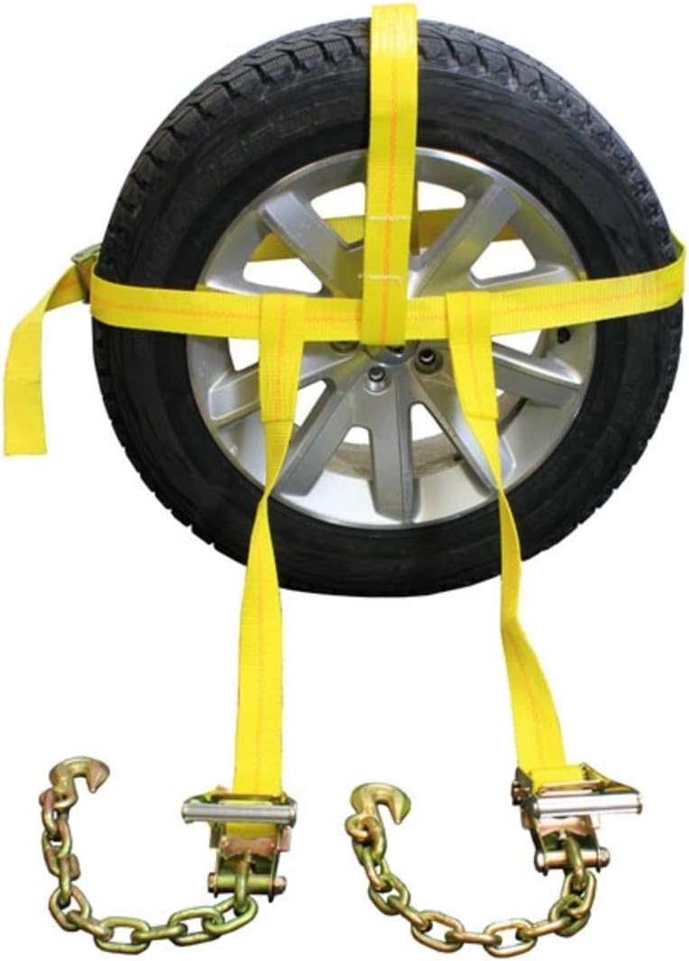 Side Mount Wheel Net with Cam Buckle, Two Ratchets and Chain Extensions, Polyester Webbing I2010
