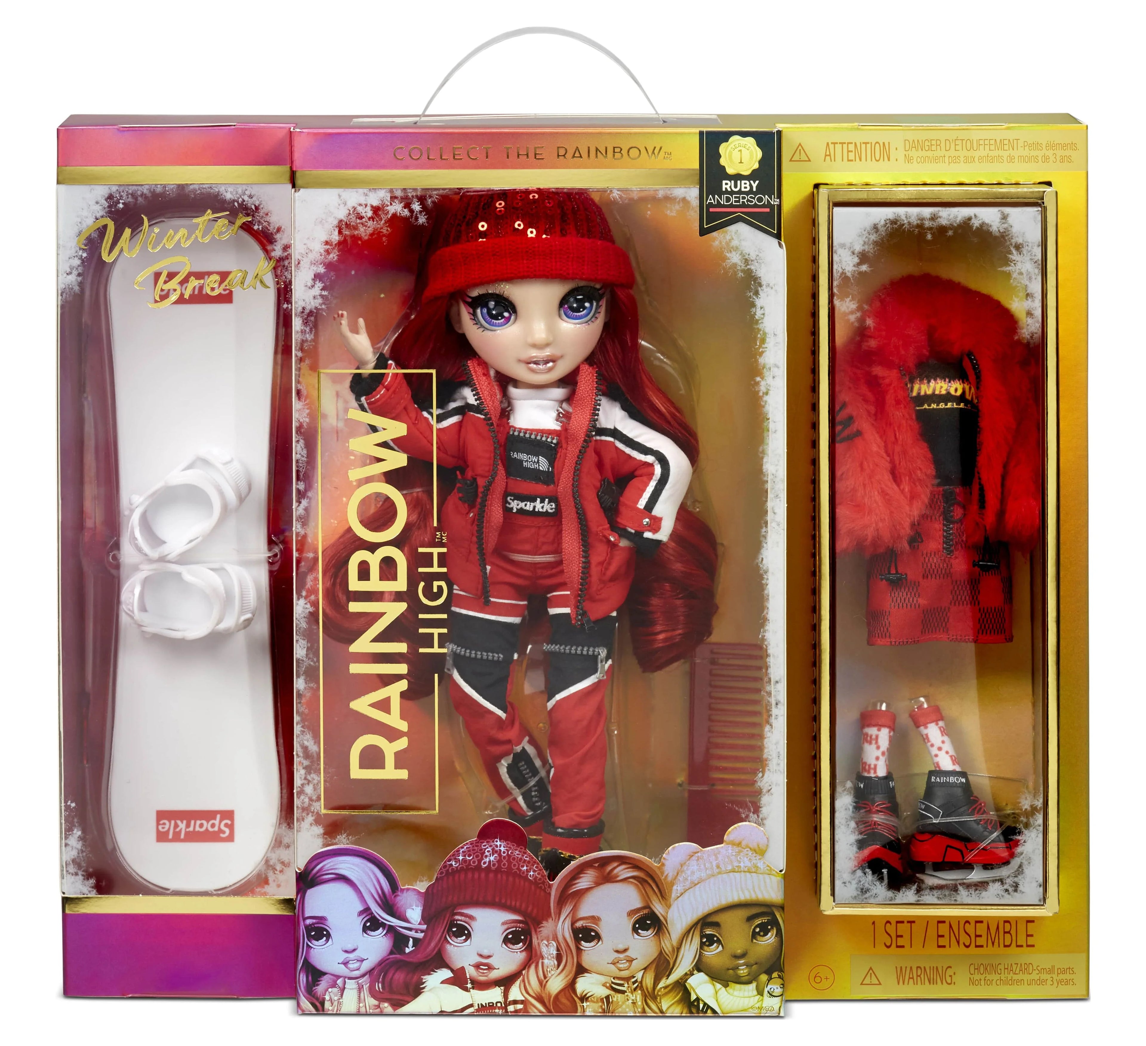 Red Fashion Doll Playset With 2 Outfits, Snowboard And Winter Accessories Y134812