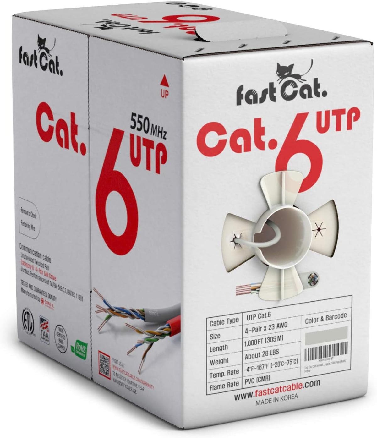 Cat6 Ethernet Cable 1000ft 23 AWG CMR Solid Bare Copper UTP LAN Cable Gray A50173