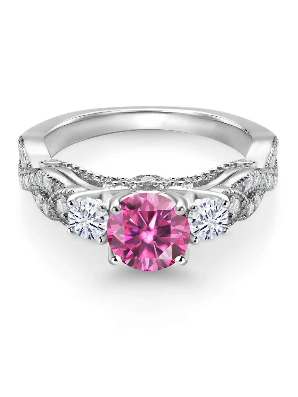 925 Sterling Silver Pink Moissanite and White Moissanite Engagement Ring R3087