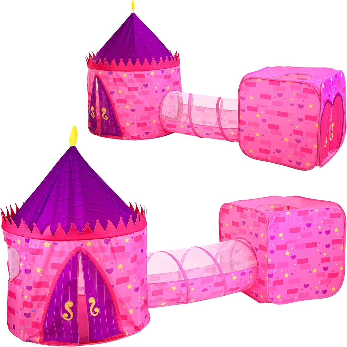Pink Castle Play Tent with Pop Up Tunnel and Playhouse Kids Indoor Outdoor Play Tent Set Y95254