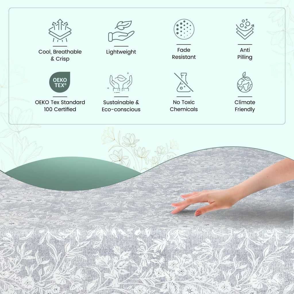 Cooling Queen Sheet Set 4-Piece 100% Cotton Sateen 300TC Grey Floral 16" Deep Pocket F77829